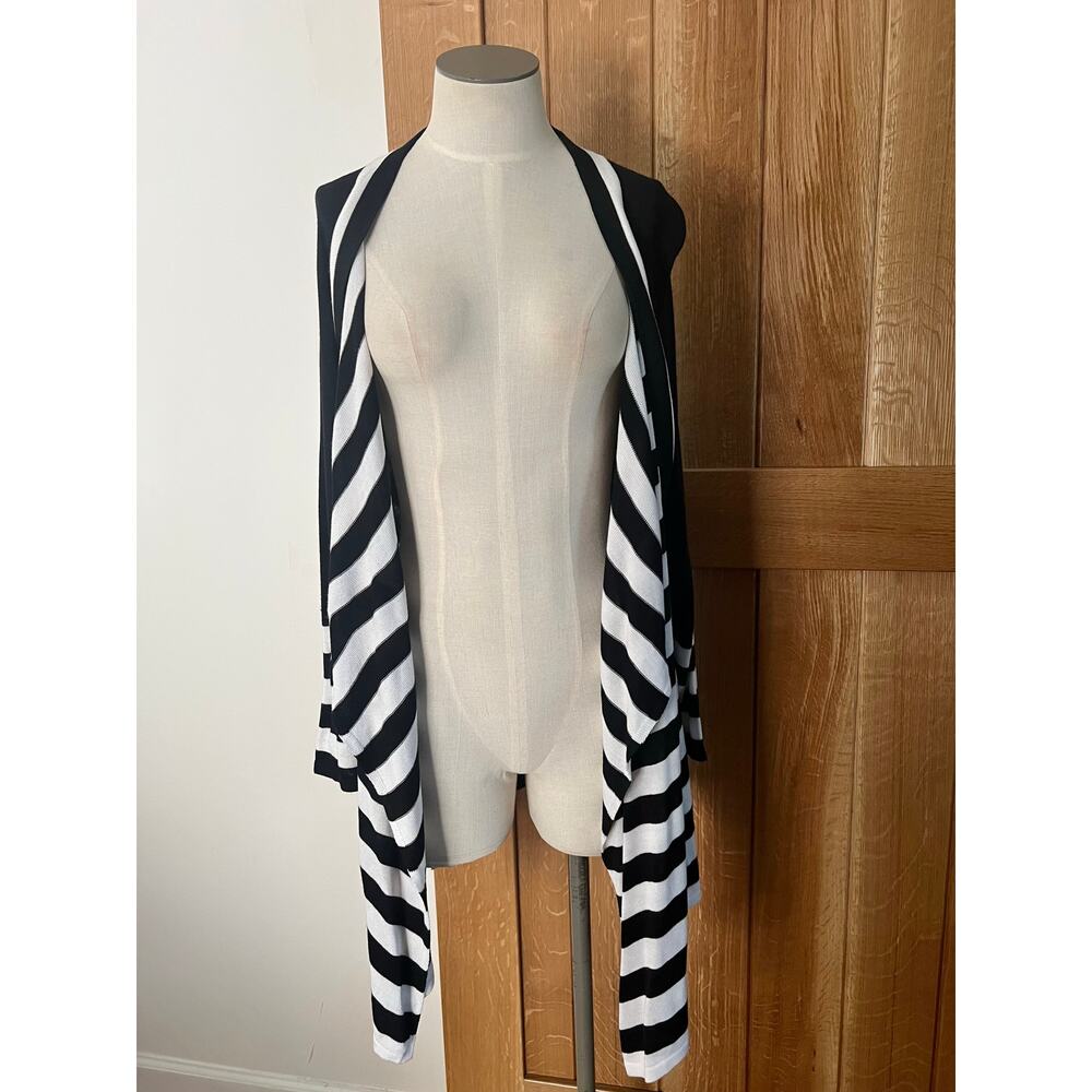 Fontana Womens White & Black Striped Knit Draped Open Cardigan Size Large